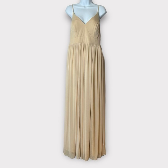 Azazie champagne v neck floor length evening wedding prom gown - Picture 1 of 12